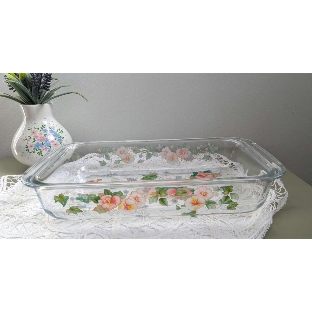 Vintage Floral Glass Baking Dish Rectangular Casserole Dish Cottage Kitchen